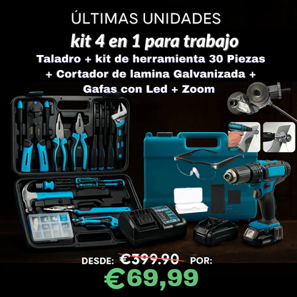 Kit Profesional 4 en 1 🔧Taladro Inalámbrico + 77 Piezas y Accesorios + Cortador de Lamina — ¡Todo en un solo pack