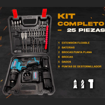 Kit Profesional 4 en 1 🔧Taladro Inalámbrico + 77 Piezas y Accesorios + Cortador de Lamina — ¡Todo en un solo pack
